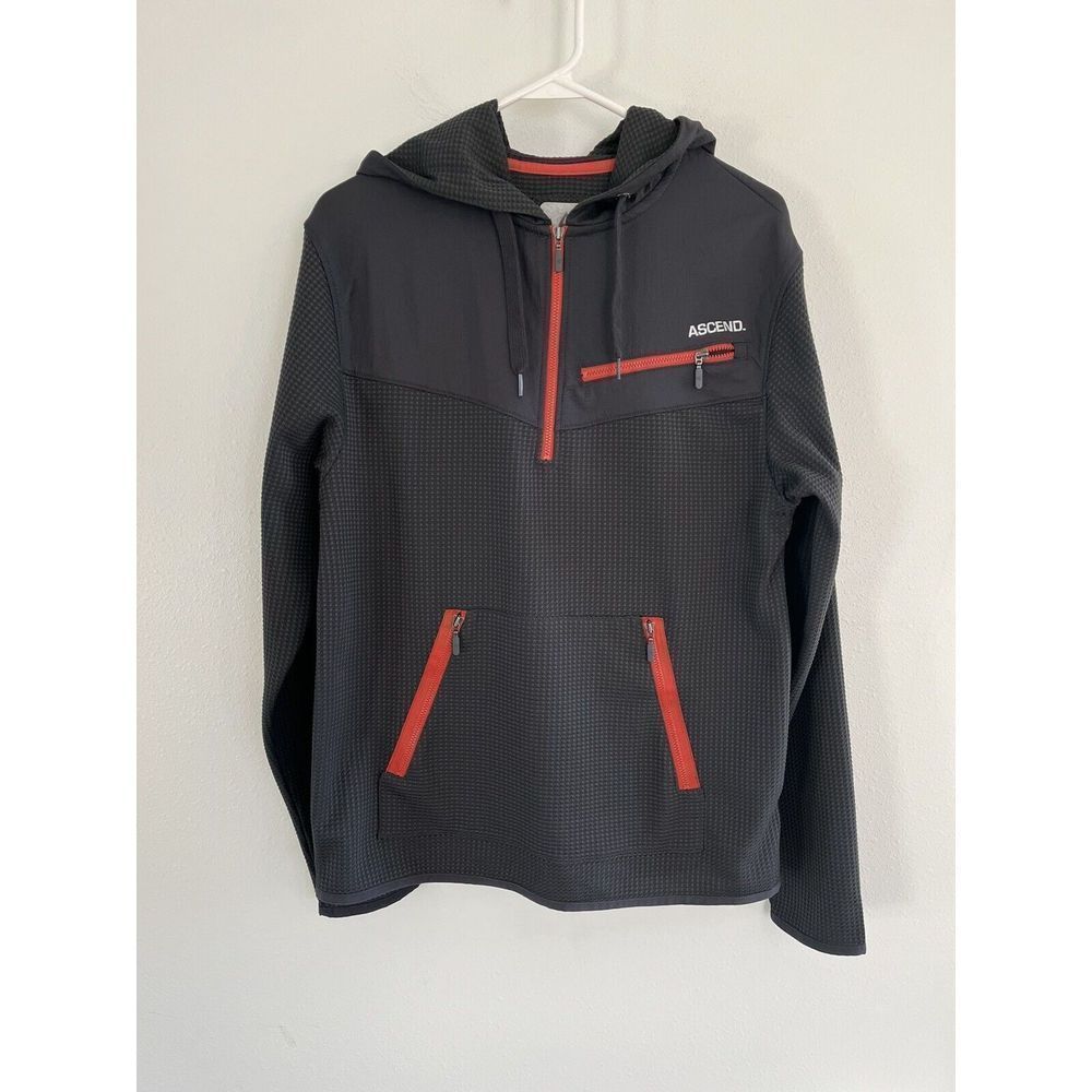 Ascend Long Sleeve Small S Mens Gray Red Waffle Knit 1/4 Zip Pullover Sweatshirt